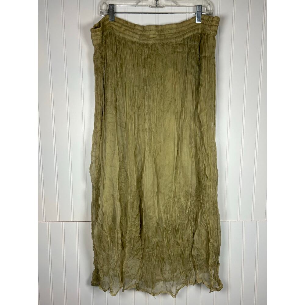 VTG Rayon Crinkle Textured Vintage Olive Green Maxi Skirt women size L light